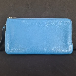 Coach Double Zip Wallet Wristlet Clutch Blue Pebbled Leather F54056 - Picture 1 of 7