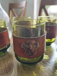 5 Pc.Vtg Green whiskey Glasses Leather Tumblers-Gold Medallions - Picture 1 of 6