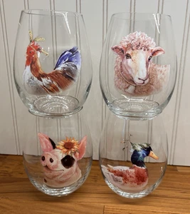 Pier 1 Wine Glasses Goblets Set 4 Farm Animals Duck Sheep Pig Rooster 20 oz. - Picture 1 of 7