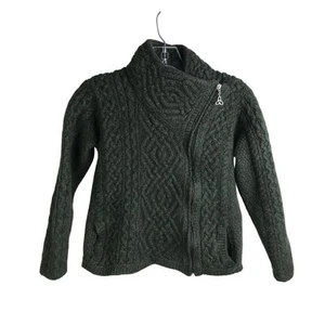 AranCrafts Sweater Womens Sz M Dark Green Asymmetrical Zip Chunky Wool Cardigan - Picture 1 of 9
