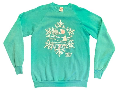 Sudadera De Colección Wolf Creek Colorado Copo de Nieve Cuello Redondo Verde Azulado Años 80 Grande Foto 1 de 4