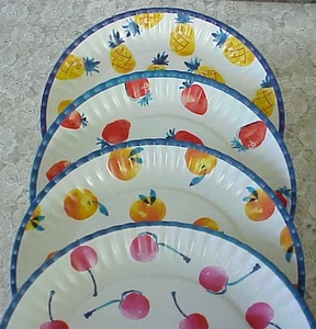 Melamine Dessert Plates (4) Fruit Themed NEW 8" Diameter Blue Bands - Picture 1 of 11