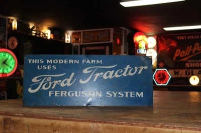 SCARCE 1930s FORD TRACTOR FERGUSON PAINTED METAL DEALER SIGN FARM CORN FEED COW - Image 1 of 4