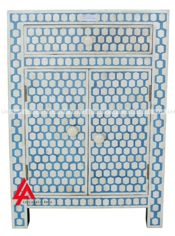 Wood Bone Inlay 1 Drawer 2 Door Bedside Table Blue Color Cover