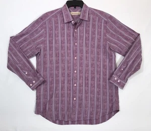 Tommy Bahama Mens Purple Button Down Shirt Striped Floral Silk Cotton Sz M - Picture 1 of 9