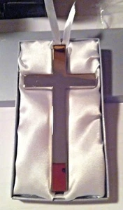 4.75" Shiny Silver Plate Engravable Cross with white ribbon Satin lined Gift Box - Picture 1 of 2
