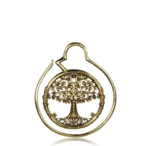 PAIR BRASS TREE OF LIFE HOOPS SPIRALS GAUGES HOOP EARRINGS PLUGS EXPANDERS - Picture 1 of 2