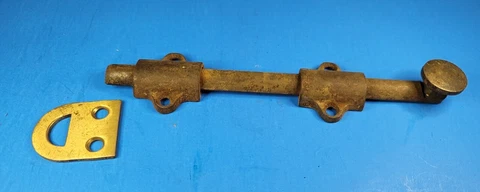 Slide Lock Bolt & Keeper Brass Knob 6" Overall Length Vintage Door Hardware Cover