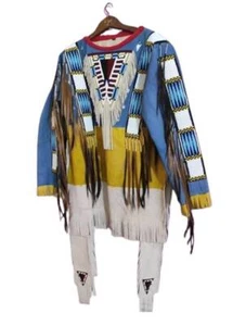Native American Western Wear Suede Leather Jacket Fringes & Beads Work War Shirt - Picture 1 of 2