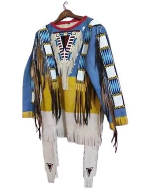 Native American Western Wear Suede Leather Jacket Fringes & Beads Work War Shirt - Image 1 of 2