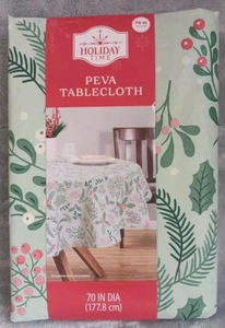 Peva Tablecloth 70" Diameter Green With Holly Berries Leaves Christmas Round  - Picture 1 of 5