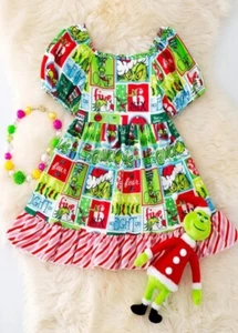 Grinch Mean One Collage Christmas Dress Girls' Size 6 NWOT With Matching Bow - Picture 1 of 3