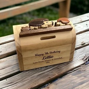 Personalised Wooden Hedgehog Money Box - Engraved Children's Birthday Gift - Picture 1 of 10
