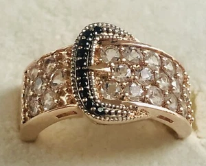 Signed 925 STS Rose Gold over Silver Blue & Clear Crystal Stones Buckle Ring 8 - Picture 1 of 8