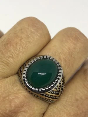 Винтажное мужское кольцо из нержавеющей стали с подлинным зеленым хризопразом 11,25 - Изображение 1 из 4