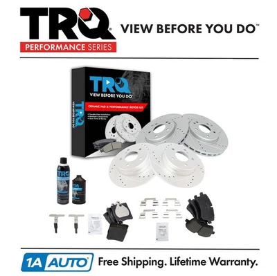 Kit de pastillas y herrajes de cerámica de rendimiento y rotor de freno delantero trasero TRQ con productos químicos Foto 1 de 4