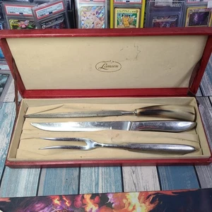 Vintage Lamson Stainless Carving 3pc Set w/ Antler Handle Sharpener in Case - Picture 1 of 9