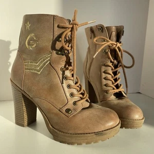 Botas de combate G by Guess de cuero sintético tostado con tacón cremallera con cordones acento dorado para mujer 7 - Imagen 1 de 10