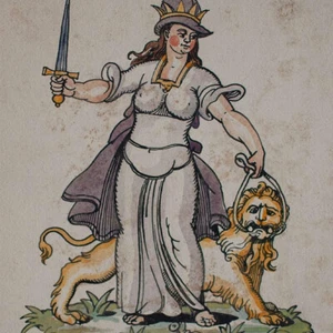 Alegoría mujer con espada y león Albert Leusch sin firmar gouache alrededor de 1900 - Imagen 1 de 3