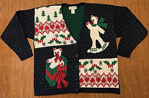 Ugly Christmas Sweater Cardigan Holiday Bear Cabin Creek Size L Blue Green Red - Picture 1 of 7