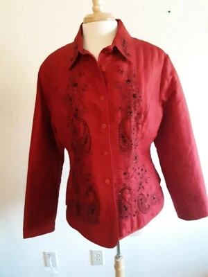 CAROLE LITTLE women's quilted red silk embroidered black paisley shirt new XL - Image 1 of 4