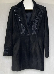 Scully Suede Leather Jacket Coat Black Embroidered Flowers Sequined Womens 8 - Picture 1 of 16