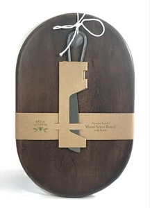 Bee & Willow 11" Etched Leaf Oval Acadia Wood Serving Platter Cut Board + Knife - Picture 1 of 6