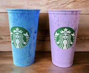 2 Starbucks Reusable Plastic Cups Purple And Blue Splatter 16 oz No Lids 2013 - Picture 1 of 7