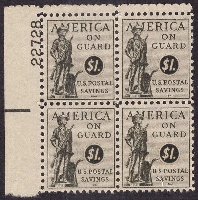 US 1941 $1 Minute Man NH PS14 PLATE BLOCK of 4 Fresh Bright - Free Shipping USA - Image 1 of 1