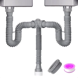 Double Sink Drain Kit Flexible Pipe 1-1/2 1-1/4 P Trap Fits Bowl Expandable Gray - Picture 1 of 1