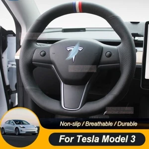 Durable Non-slip Black Leather Car Steering Wheel Cover For Tesla Model 3 Y X - Picture 1 of 7