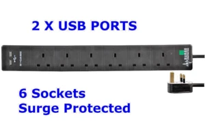 6 Gang Black Extension Lead 5 Metres Surge Protected 6 Way Plug Socket 2 x USB - Picture 1 of 10