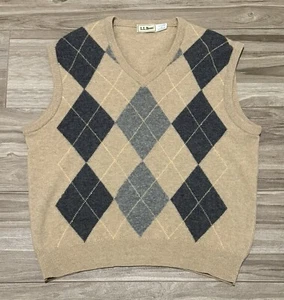 Size XL - LL Bean Men's Argyle 100% Lambswool Vest Top Beige Gray Wool Scotland - Picture 1 of 4