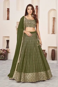 Pesante Bellissima Georgette Designer Verde Oliva Lehenga Choli Con Dupatta - Foto 1 di 10