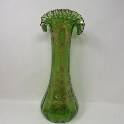 Vintage Harrach Glass Antique Green Ruffle Vase Art Nouveau Gold Gilt Bohemian - Image 1 of 4