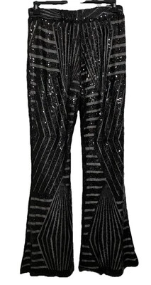 Pantalones negros forrados con lentejuelas tiro alto campana parte inferior para mujer XL Foto 1 de 4
