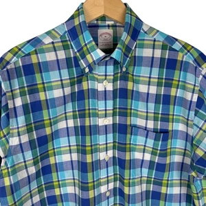 Brooks Brothers 346 Freizeithemd Herren M blau kariert Kurzarm Button Down - Bild 1 von 5