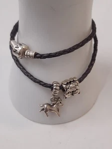 Pandora 925 Silver Best Friend + Horse Charms Leather Double Pandora Bracelet - Picture 1 of 13