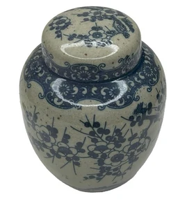 Vintage Japanese Ginger Jar Cherry Blossoms Speckled Blue & Gray Design - Picture 1 of 7