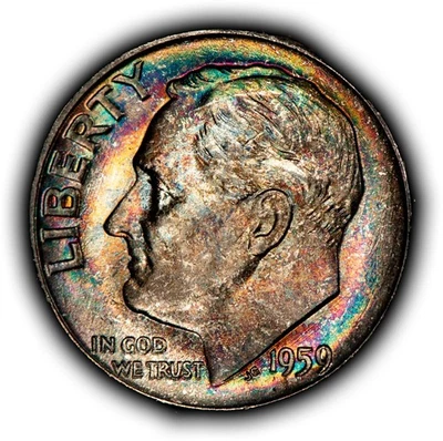 1959 10c Silver Roosevelt Dime - PQ Rainbow Toning - BU - SKU-Z6368 - Image 1 of 4