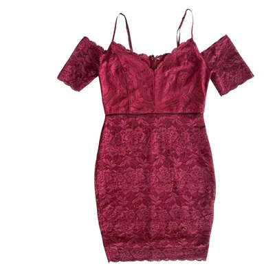 Lulus Womens S One More Kiss Wine Red Lace Cold Shoulder Bodycon Mini Dress Chic - Image 1 of 4