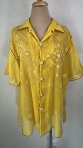 Vintage Paul Ropp gelb bestickt Perlen transparent Knopfleiste Shirt Top Damen M - Bild 1 von 7