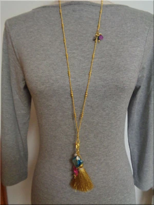 Neu zarte lange Kette mit 6 Anhänger Perlen Perlmutt Quaste Handmade Unikat  - Bild 1 von 3