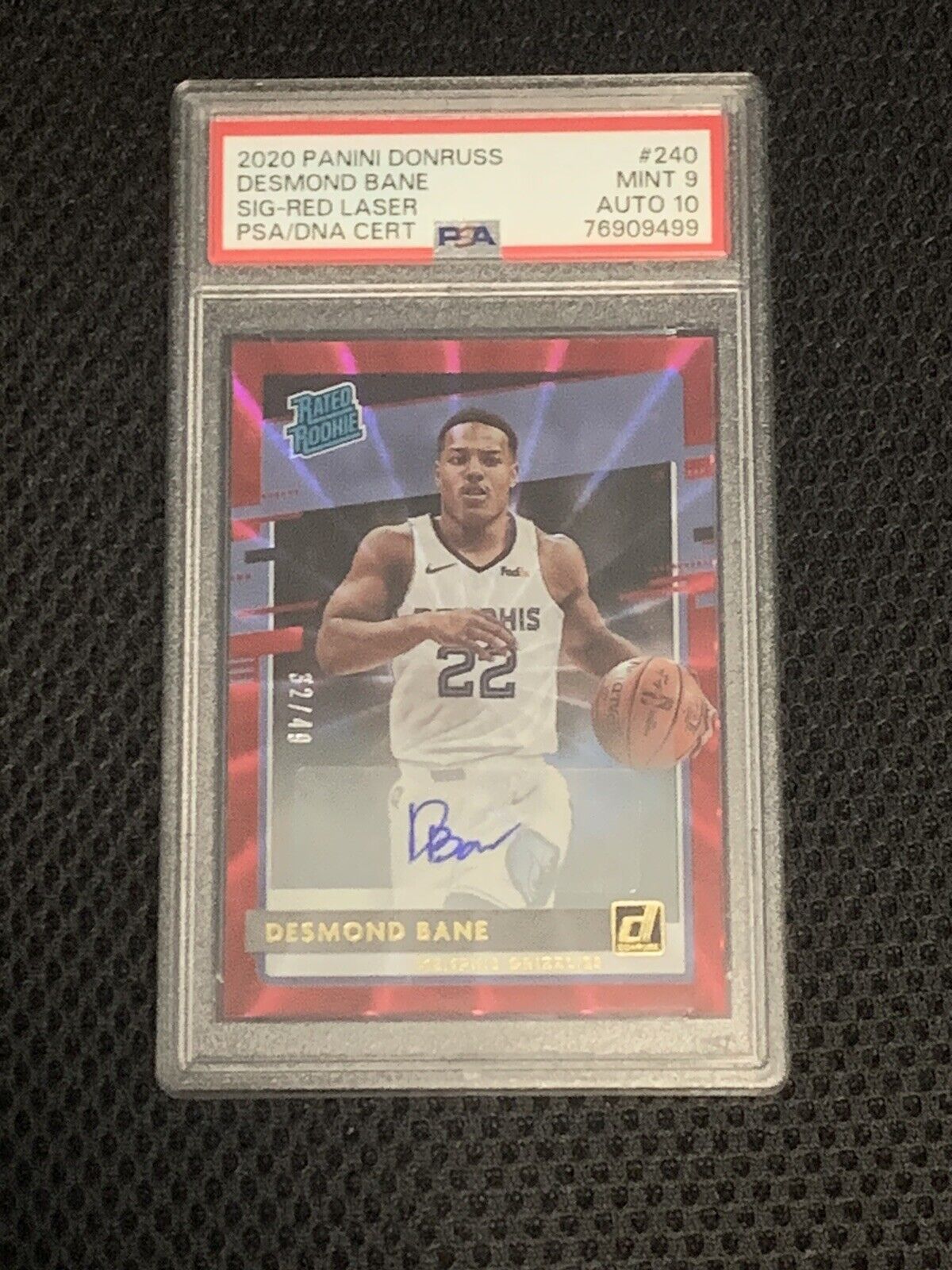 2020-21 Donruss Desmond Bane Auto Red Laser 32/49 Rated Rookie SSP PSA 9 Auto 10