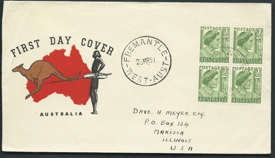 1950 2d Queen Mother Block of 4 GUTHRIE FDC Australia FREMANTLE WA CDS - Image 1 of 2