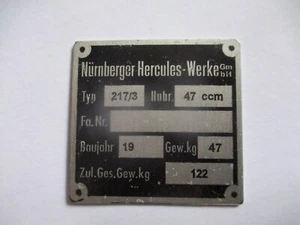 Schild Hercules 217/ Typenschild Plakette Moped Mofa Motorrad 47ccm s78 oldtimer - Bild 1 von 1