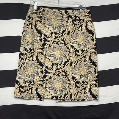 Jaclyn Smith Skirt 6 Women's A-Line Black Gold White Floral Stretch Cotton Split - Image 1 of 4