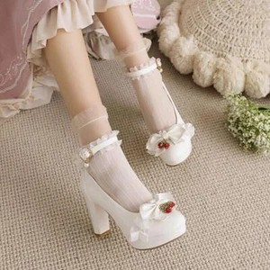 Zapatos de fiesta de vestir de tacón alto con hebilla y correa al tobillo de lolita de encaje para mujer - Imagen 1 de 15
