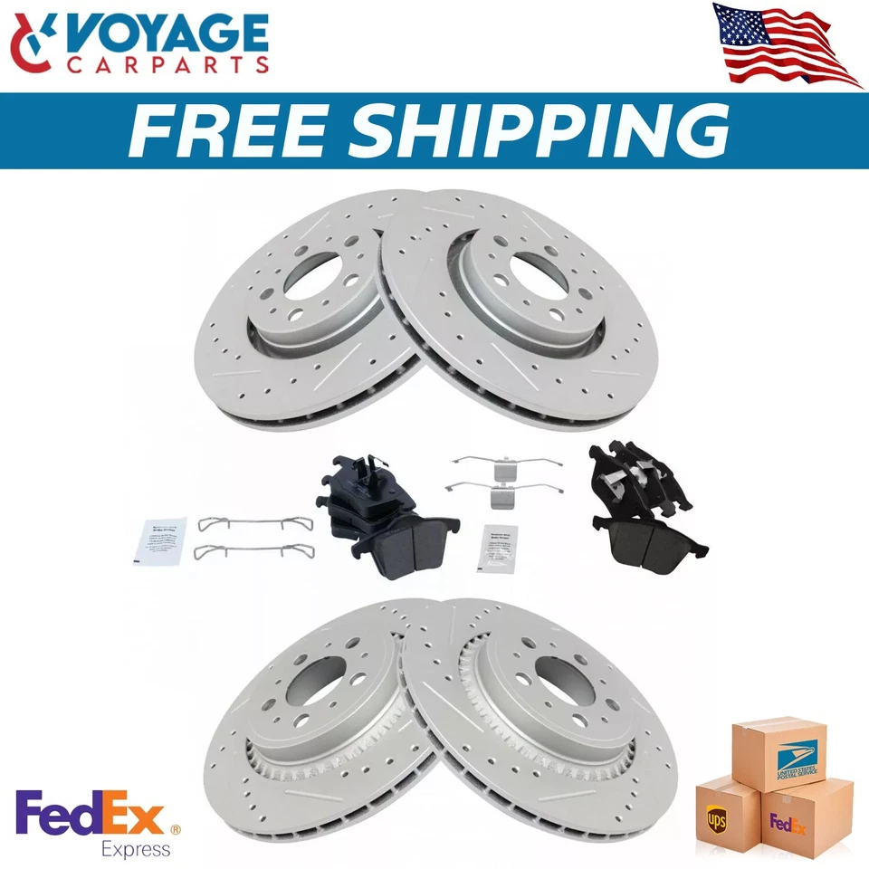 Комплект переднего и заднего перфорированных щелевых тормозных роторов и керамических колодок для Volvo 2003-2014 годов выпуска - Изображение 1 из 4