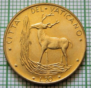 VATICAN PAUL PAVLVS VI Yr. 12 - 1974 20 LIRE, RED DEER by WATERFALL UNC km# 120 - Picture 1 of 6